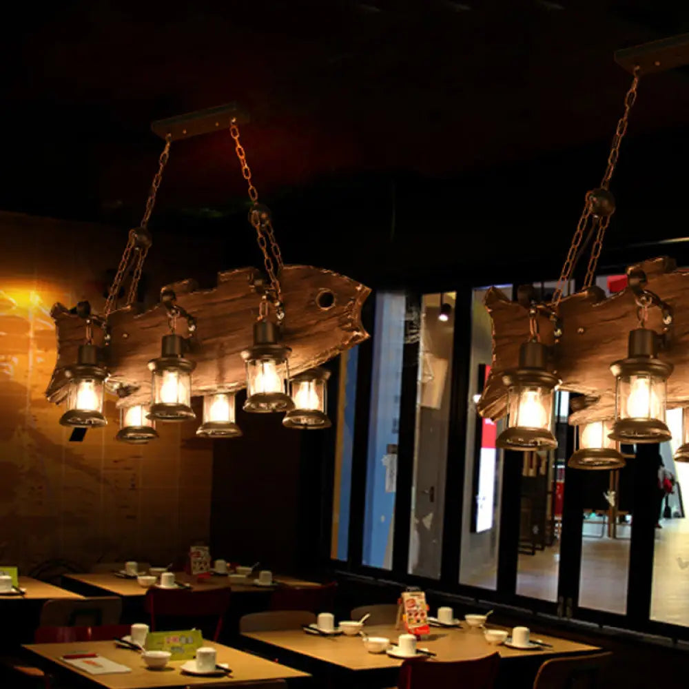 DecorBites™ Rustic Fish Shaped Wood Hanging Lamp - 6 Heads Island Lighting with Lantern Shade in Brown