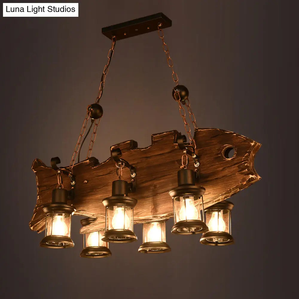 DecorBites™ Rustic Fish Shaped Wood Hanging Lamp - 6 Heads Island Lighting with Lantern Shade in Brown