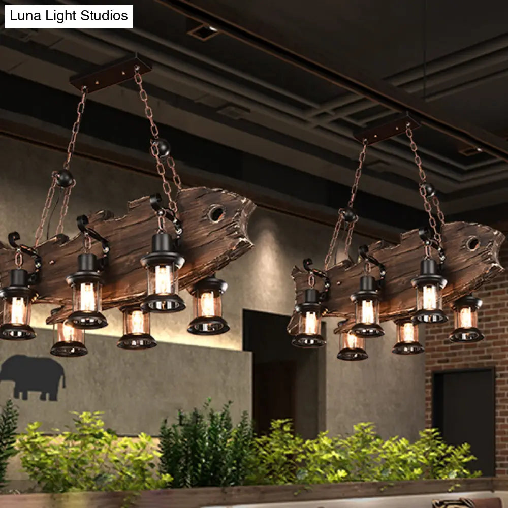DecorBites™ Rustic Fish Shaped Wood Hanging Lamp - 6 Heads Island Lighting with Lantern Shade in Brown