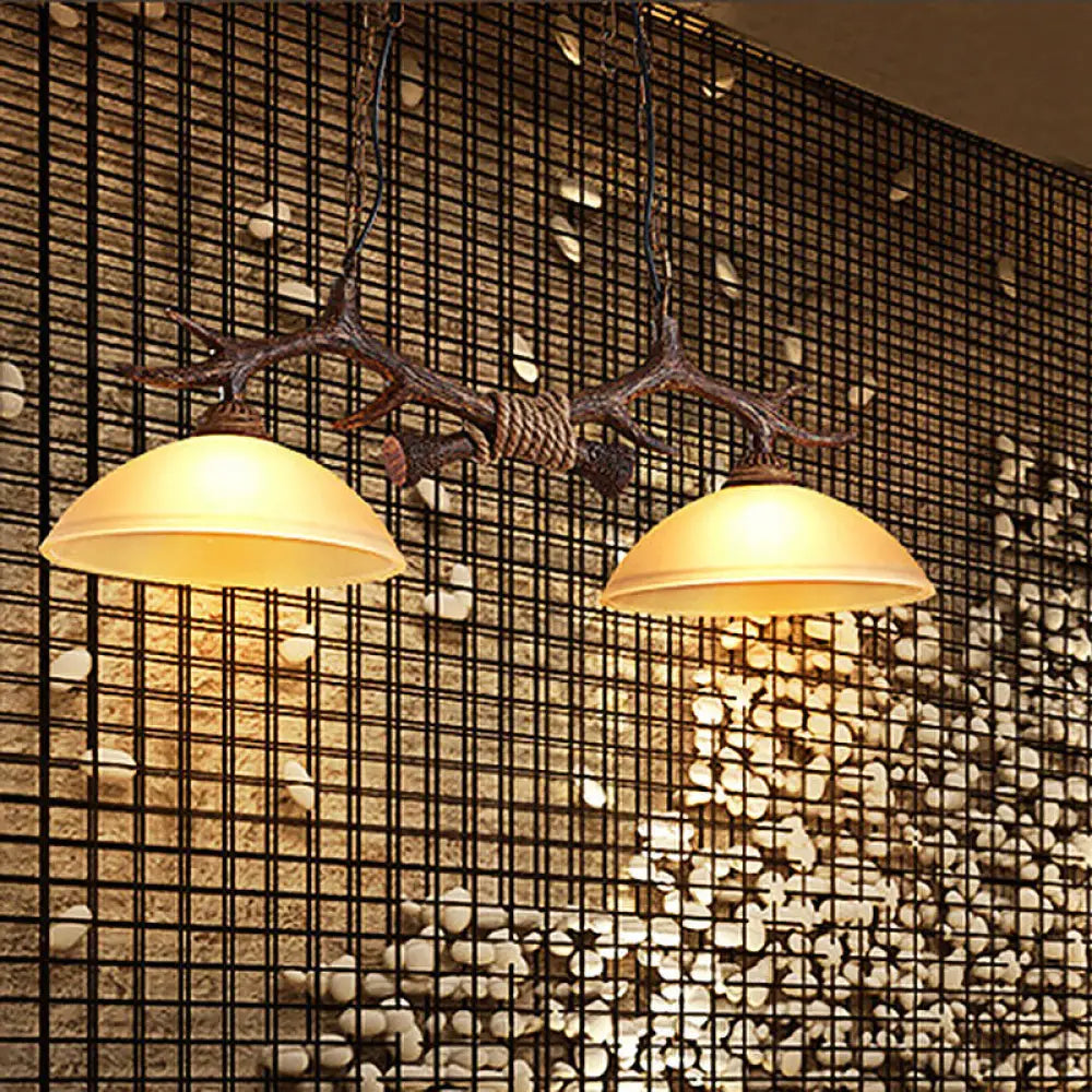 DecorBites™ Rustic Glass Hanging Lamp with Wood and Rope Accents - Bowl Shade Pendant (Amber, 2 Bulbs)