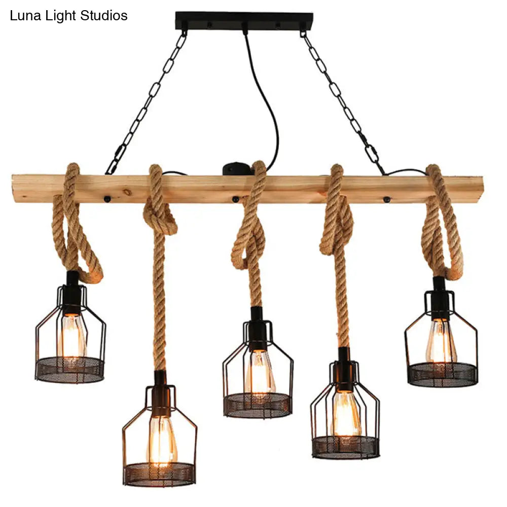 DecorBites™ Rustic Hemp Rope Chandelier - Retro Industrial Pendant with Wire Cage for Restaurants