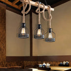 DecorBites™ Rustic Hemp Rope Chandelier - Retro Industrial Pendant with Wire Cage for Restaurants