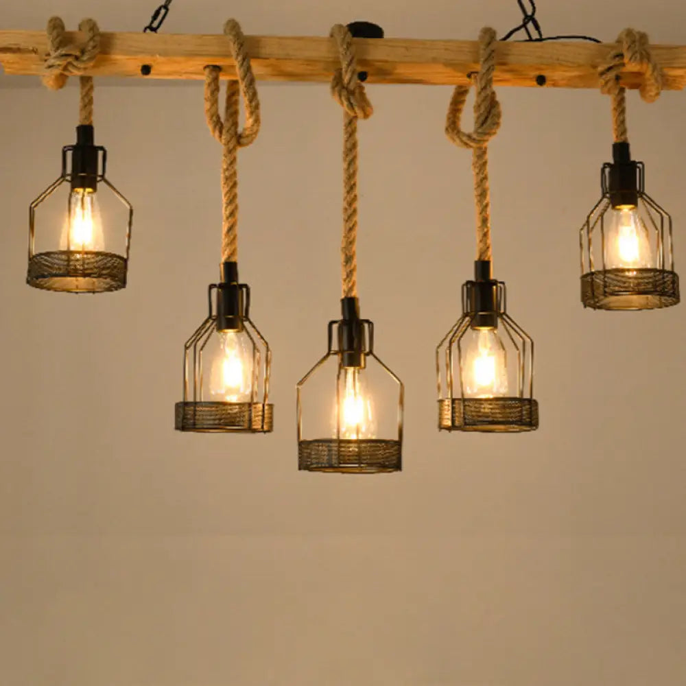 DecorBites™ Rustic Hemp Rope Chandelier - Retro Industrial Pendant with Wire Cage for Restaurants