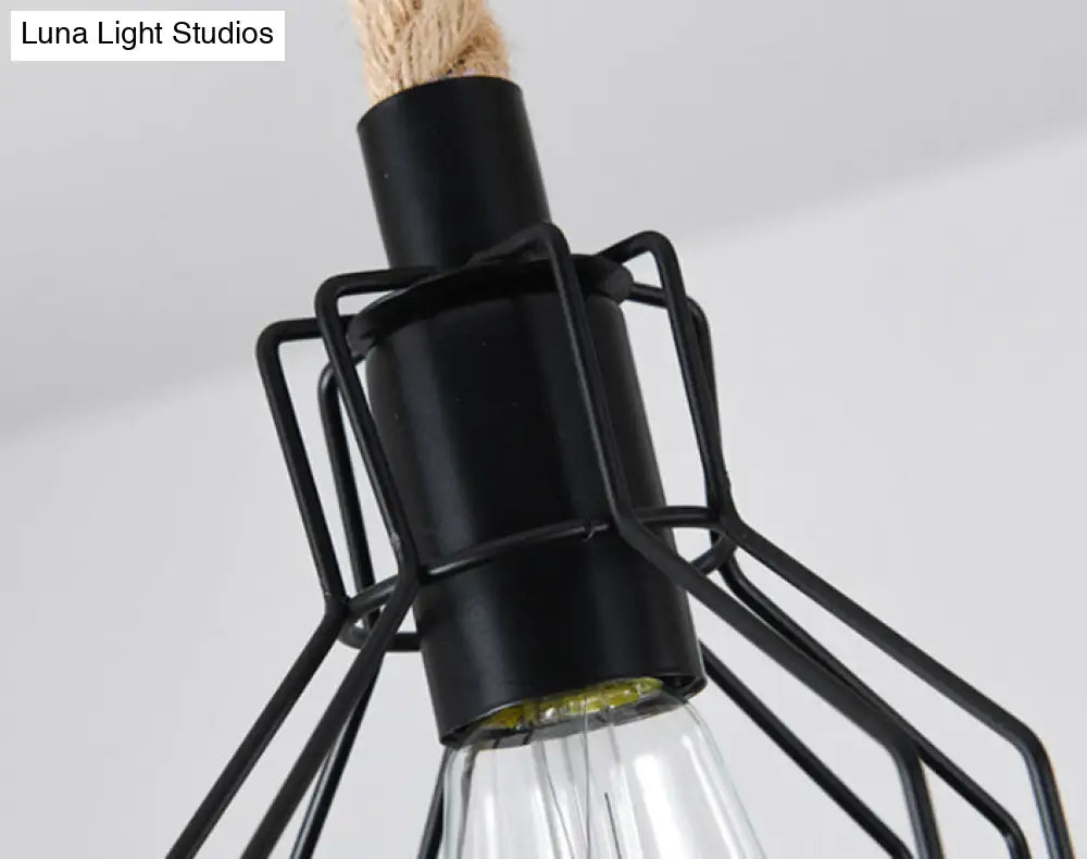 DecorBites™ Rustic Hemp Rope Chandelier - Retro Industrial Pendant with Wire Cage for Restaurants