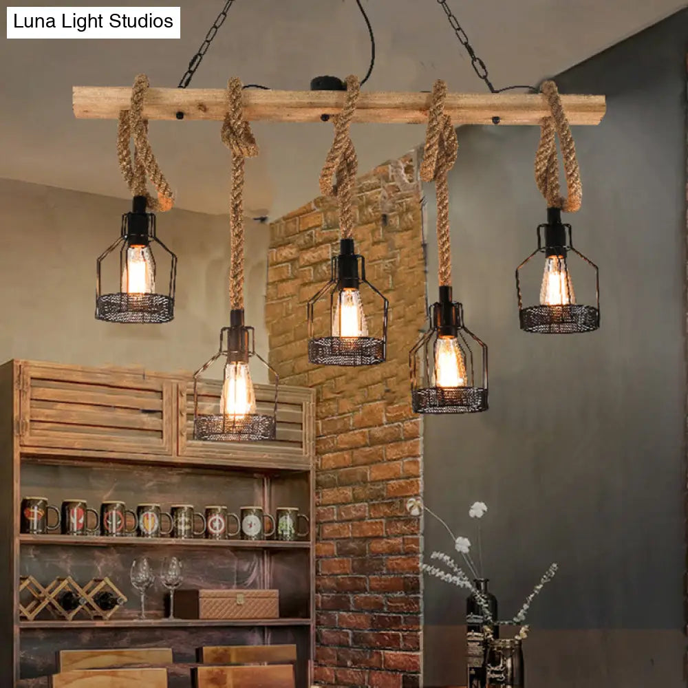 DecorBites™ Rustic Hemp Rope Chandelier - Retro Industrial Pendant with Wire Cage for Restaurants
