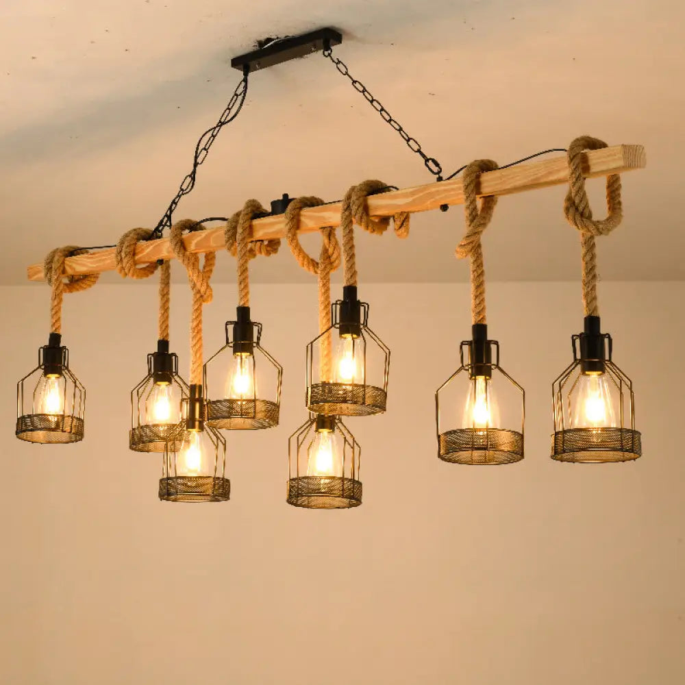 DecorBites™ Rustic Hemp Rope Chandelier - Retro Industrial Pendant with Wire Cage for Restaurants