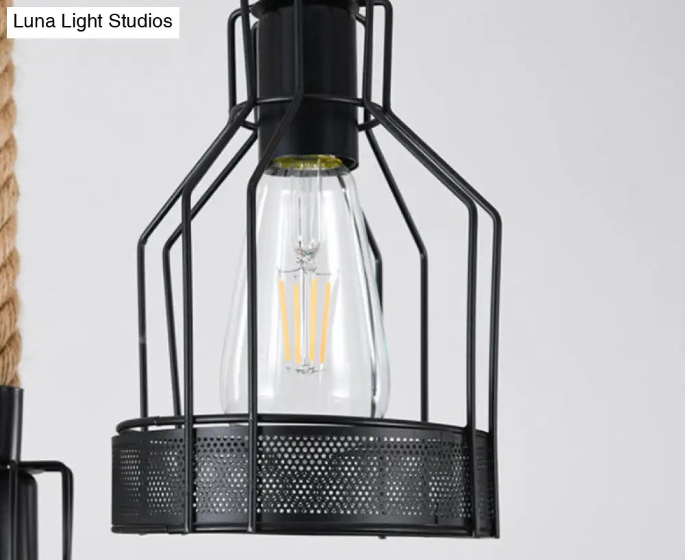 DecorBites™ Rustic Hemp Rope Chandelier - Retro Industrial Pendant with Wire Cage for Restaurants