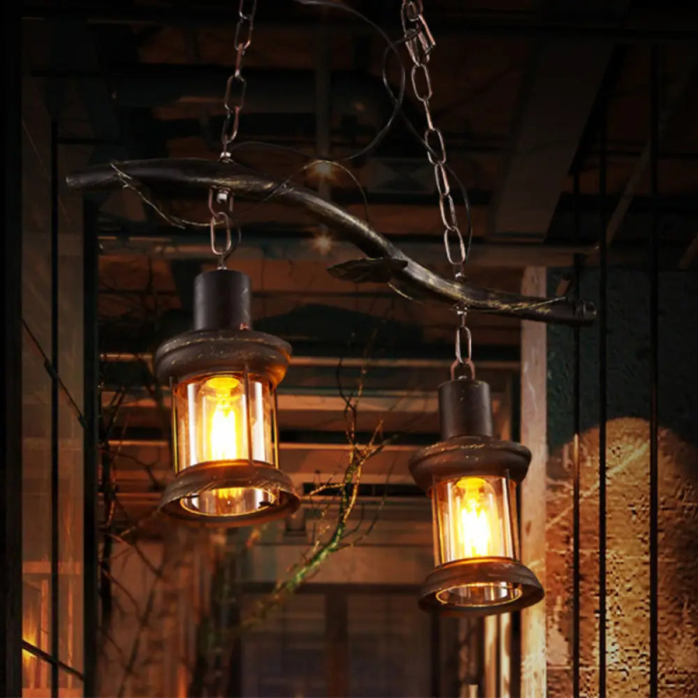 DecorBites™ Rustic Kerosene Island Lamp: 2 Lights, Clear Glass, Antique Brass Finish - Perfect for Coffee Shop Lighting