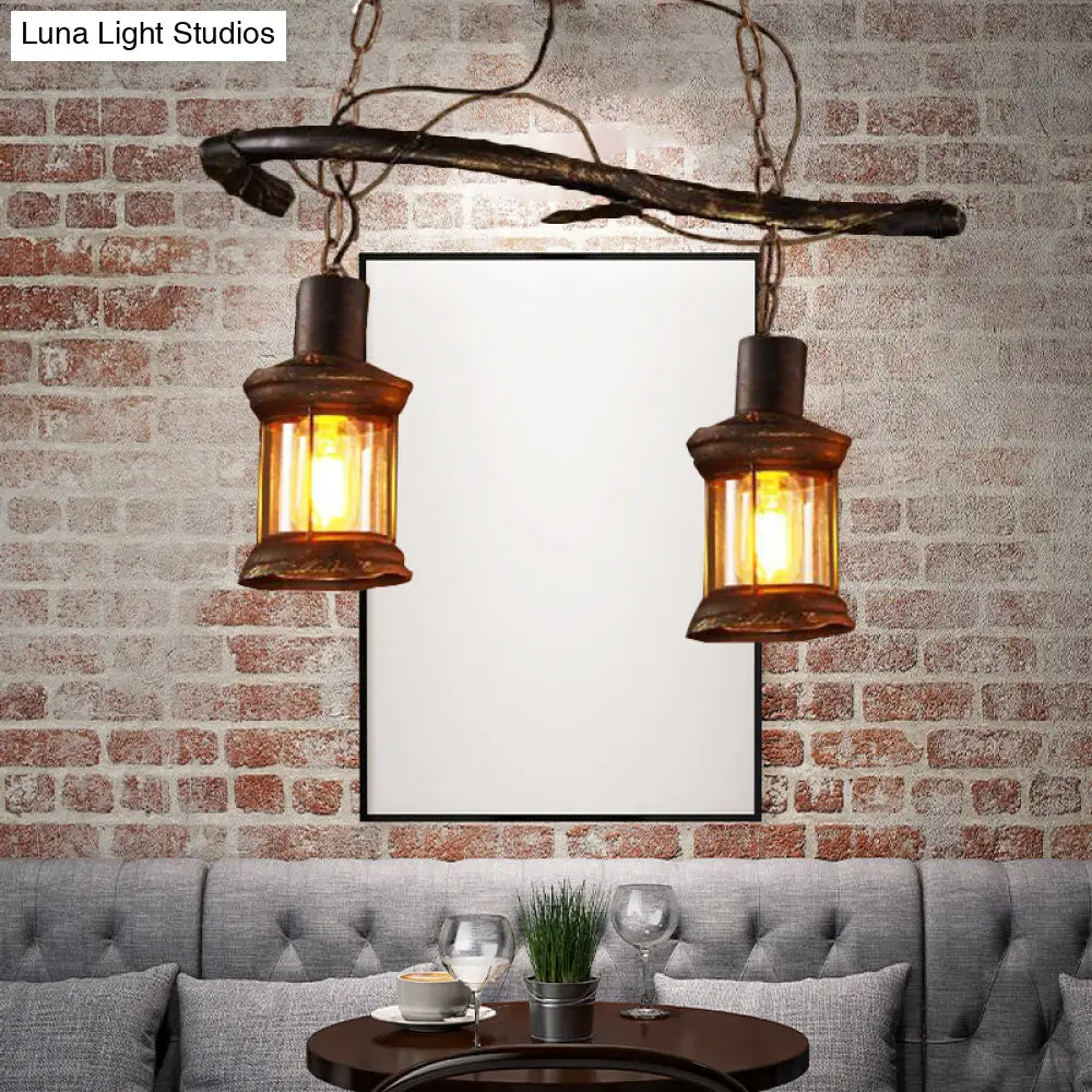 DecorBites™ Rustic Kerosene Island Lamp: 2 Lights, Clear Glass, Antique Brass Finish - Perfect for Coffee Shop Lighting