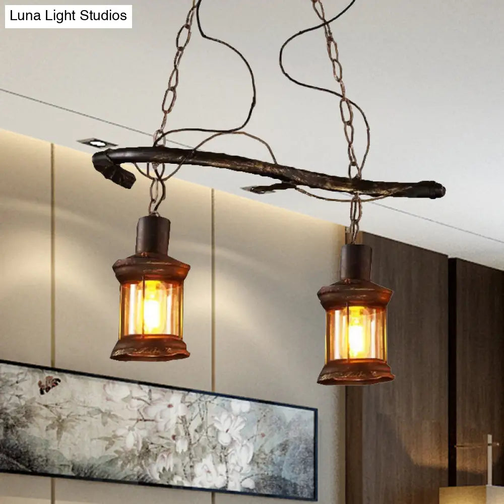 DecorBites™ Rustic Kerosene Island Lamp: 2 Lights, Clear Glass, Antique Brass Finish - Perfect for Coffee Shop Lighting