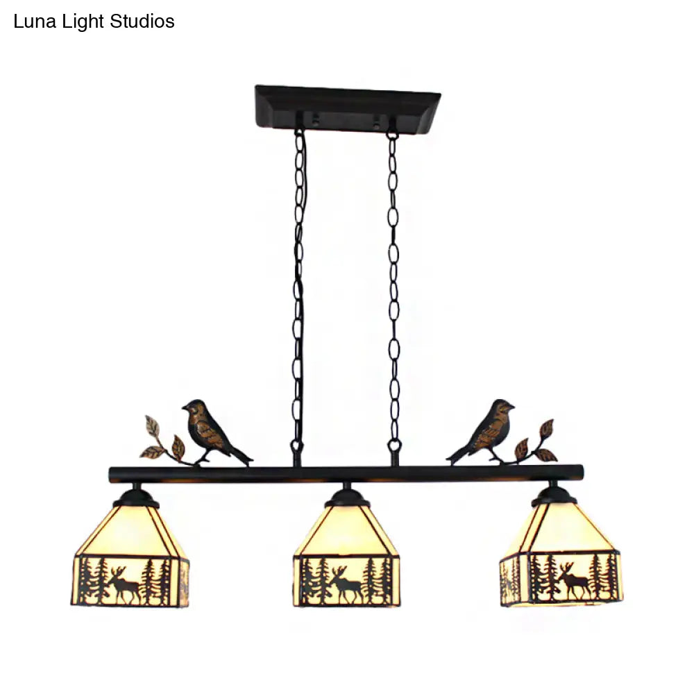 DecorBites™ Rustic Lodge Deer Island Pendant Light with Bird Decoration - 3 Stained Glass Lights