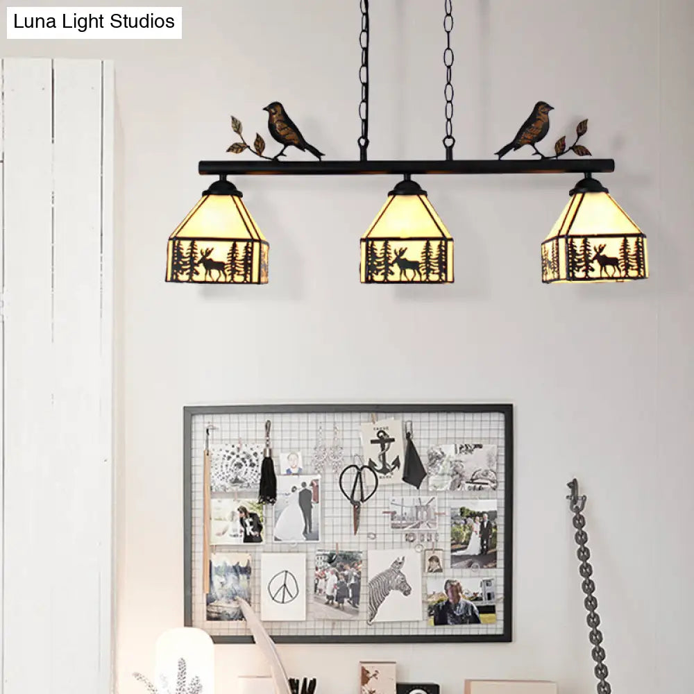 DecorBites™ Rustic Lodge Deer Island Pendant Light with Bird Decoration - 3 Stained Glass Lights