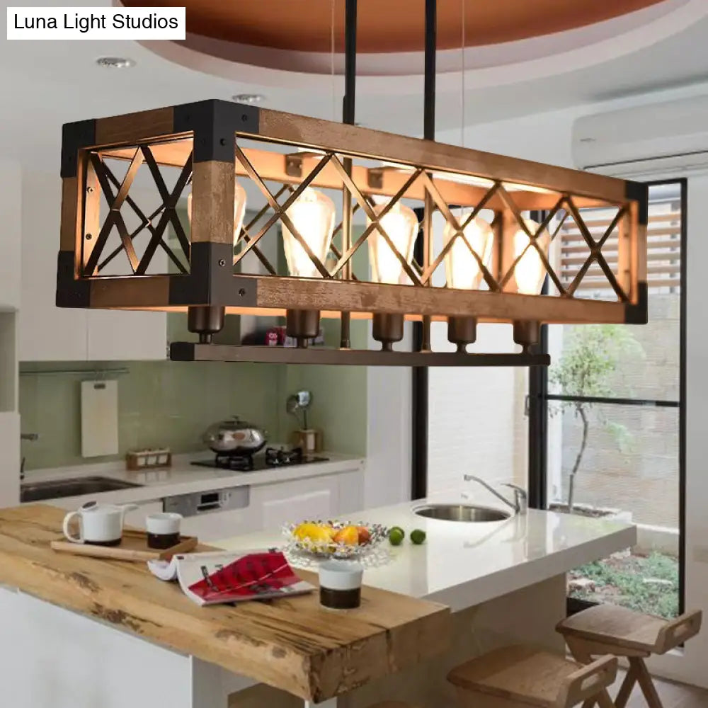 DecorBites™ Rustic Loft Pendant Light with Metal and Wood Shades - 5 Bulb Rectangle Design