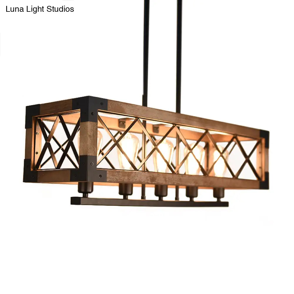 DecorBites™ Rustic Loft Pendant Light with Metal and Wood Shades - 5 Bulb Rectangle Design