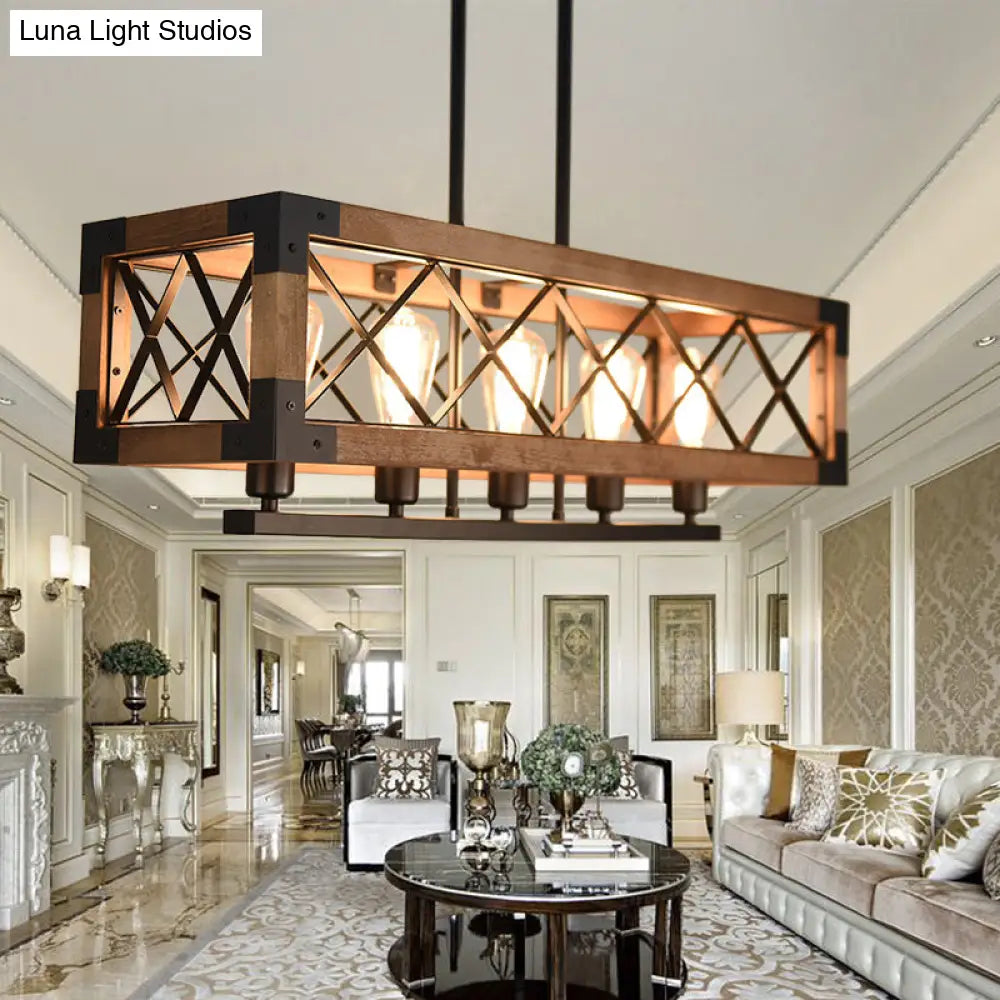 DecorBites™ Rustic Loft Pendant Light with Metal and Wood Shades - 5 Bulb Rectangle Design