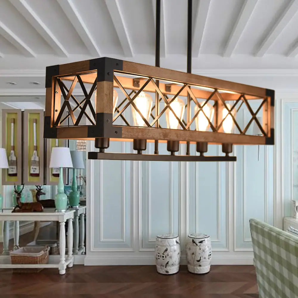 DecorBites™ Rustic Loft Pendant Light with Metal and Wood Shades - 5 Bulb Rectangle Design