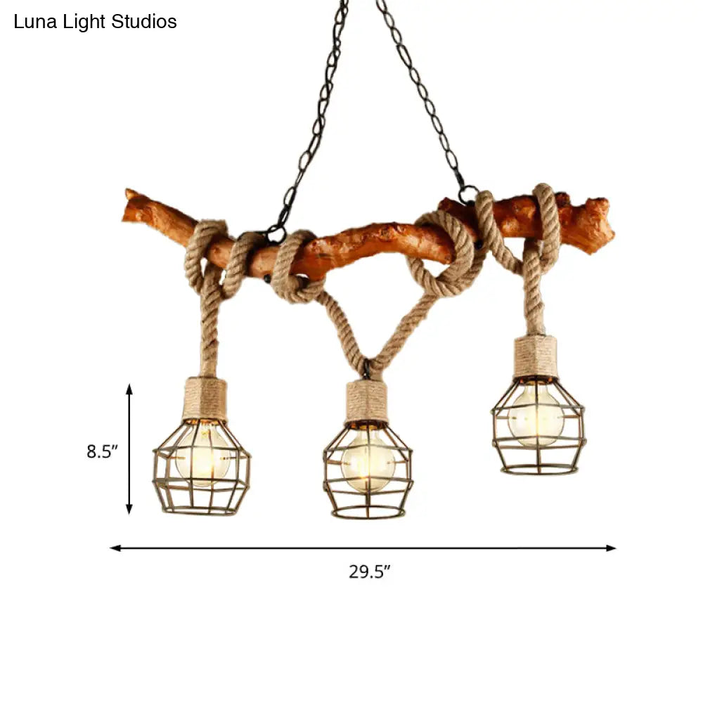 DecorBites™ Rustic Metal and Rope Beige Island Pendant Light with 3 Lights and Globe Cage