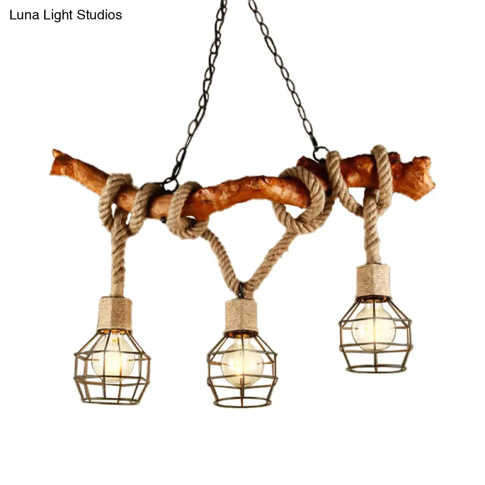 DecorBites™ Rustic Metal and Rope Beige Island Pendant Light with 3 Lights and Globe Cage
