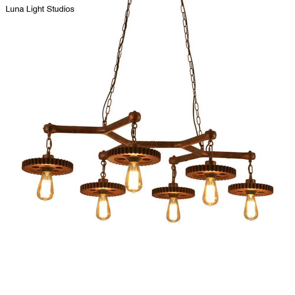 DecorBites™ Rustic Metal Island Lamp with 6 Lights - Open Bulb Pendant Lighting for Dining Room with Gear Deco