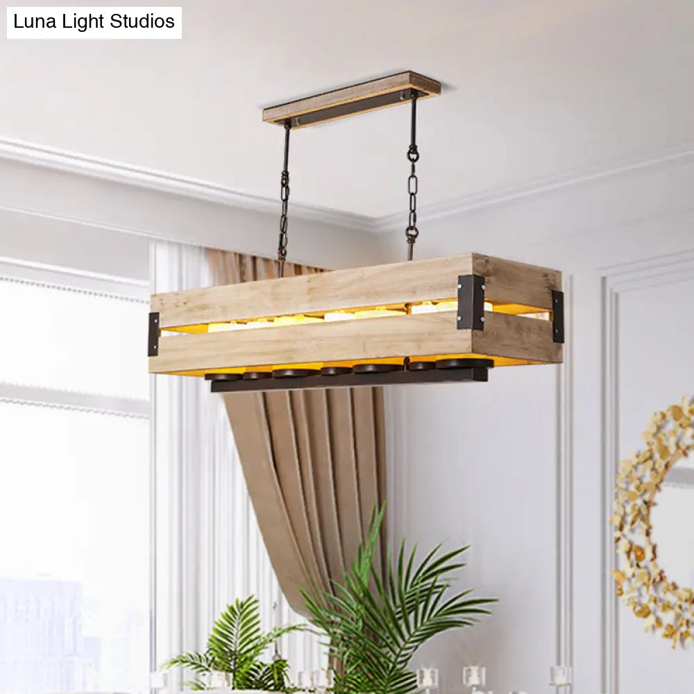 DecorBites™ Rustic Rectangular Wood Island Pendant - 7-Light Dining Room Hanging Lamp in Brown