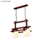 Rustic White Glass Island Light with 2/3 Hanging Heads and Wood Beam for Dining Room