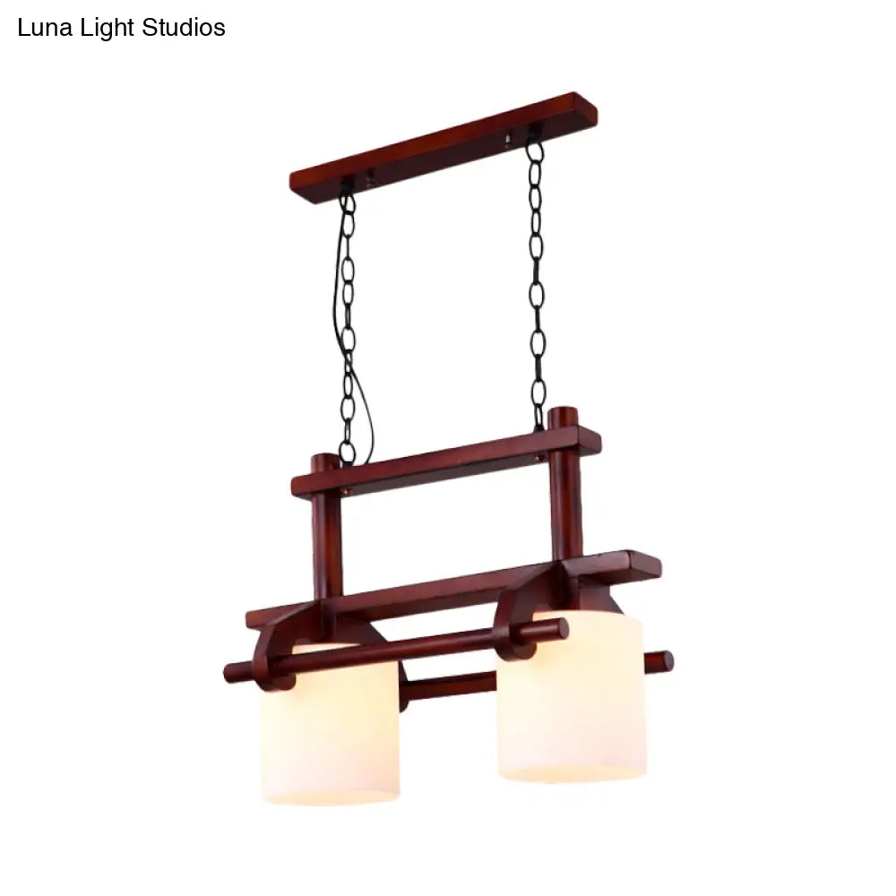 Rustic White Glass Island Light with 2/3 Hanging Heads and Wood Beam for Dining Room