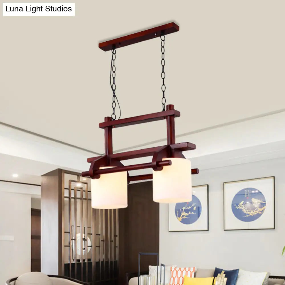 Rustic White Glass Island Light with 2/3 Hanging Heads and Wood Beam for Dining Room