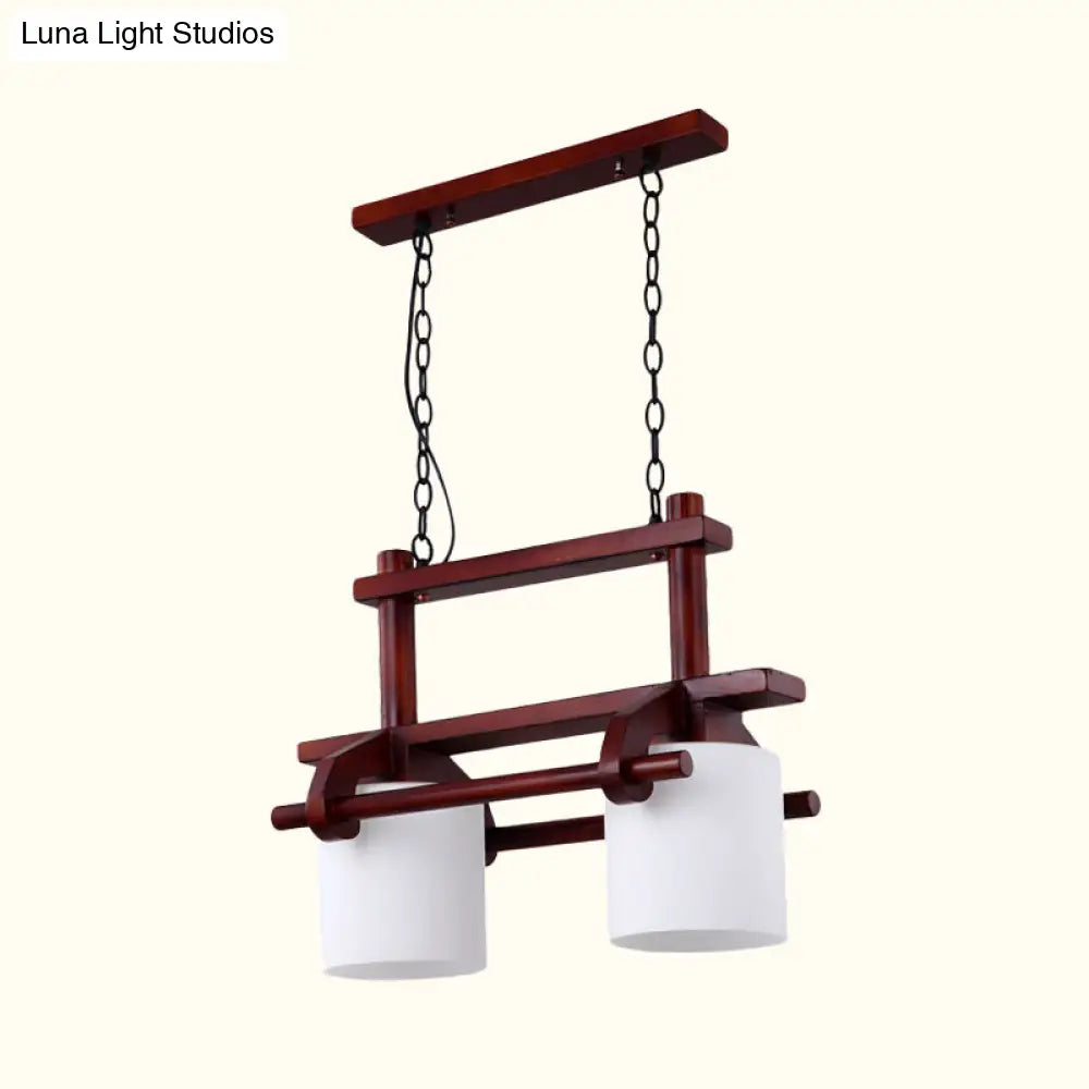 Rustic White Glass Island Light with 2/3 Hanging Heads and Wood Beam for Dining Room