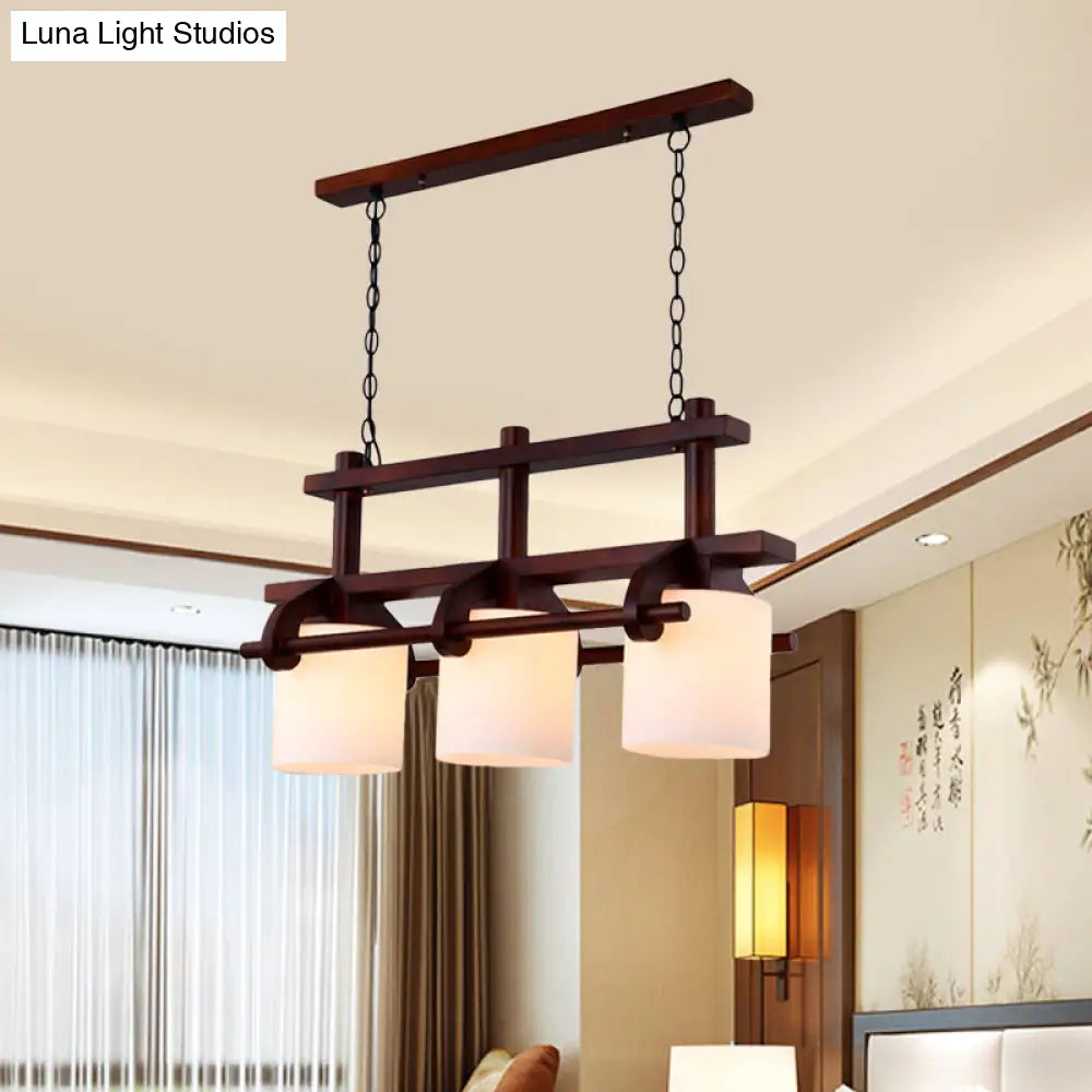 Rustic White Glass Island Light with 2/3 Hanging Heads and Wood Beam for Dining Room