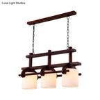 Rustic White Glass Island Light with 2/3 Hanging Heads and Wood Beam for Dining Room