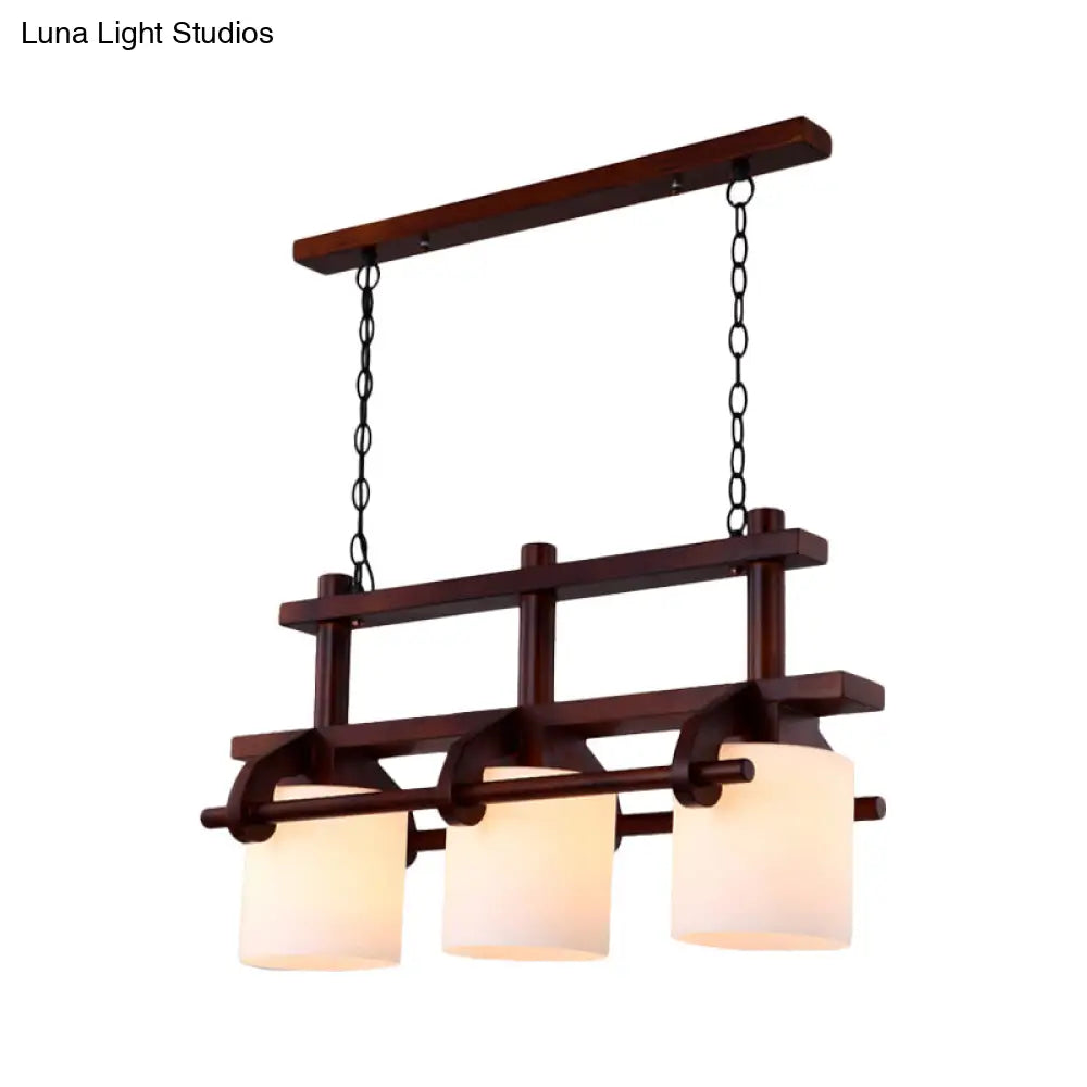 Rustic White Glass Island Light with 2/3 Hanging Heads and Wood Beam for Dining Room