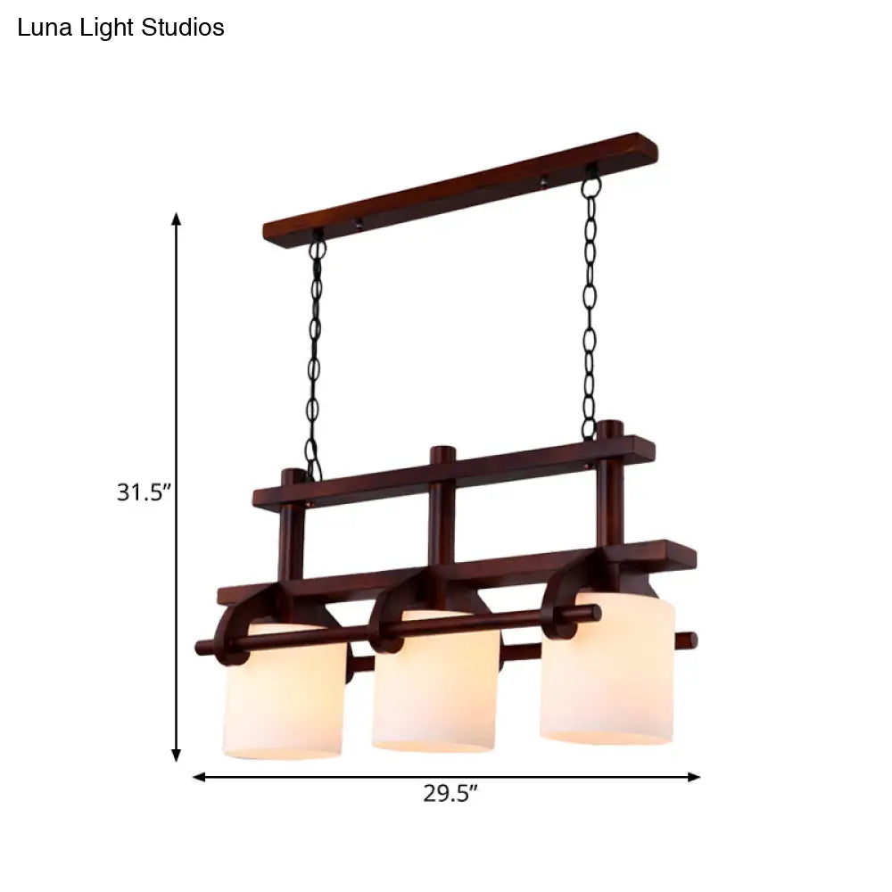 Rustic White Glass Island Light with 2/3 Hanging Heads and Wood Beam for Dining Room