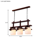 Rustic White Glass Island Light with 2/3 Hanging Heads and Wood Beam for Dining Room