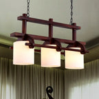 Rustic White Glass Island Light with 2/3 Hanging Heads and Wood Beam for Dining Room