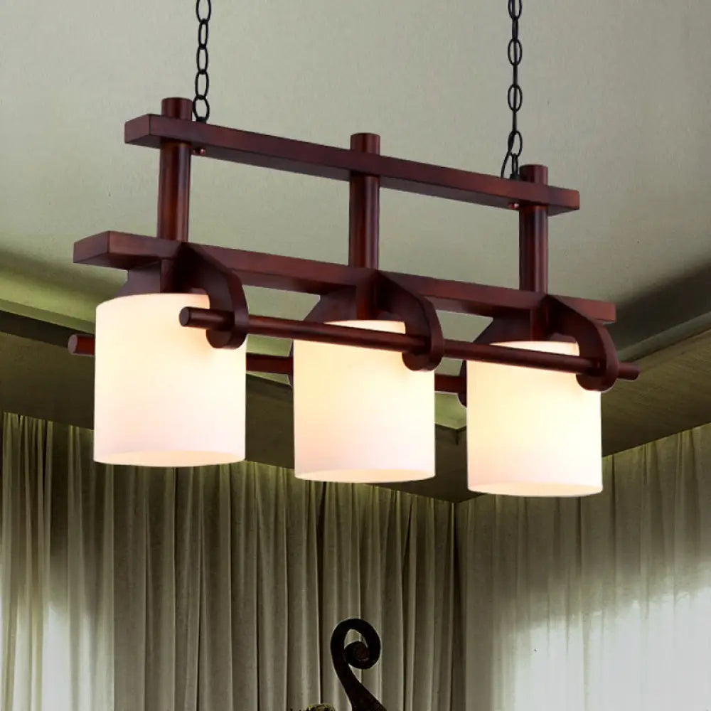 Rustic White Glass Island Light with 2/3 Hanging Heads and Wood Beam for Dining Room