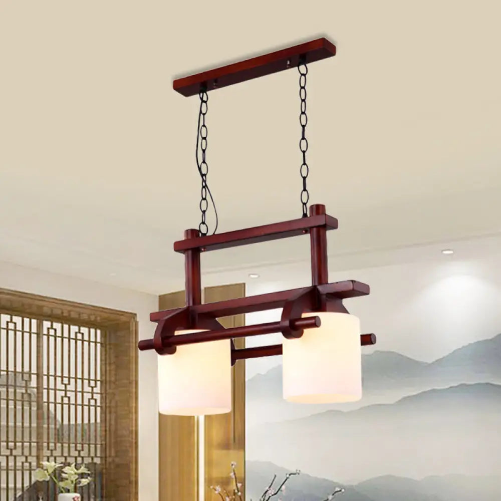 Rustic White Glass Island Light with 2/3 Hanging Heads and Wood Beam for Dining Room