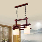 Rustic White Glass Island Light with 2/3 Hanging Heads and Wood Beam for Dining Room