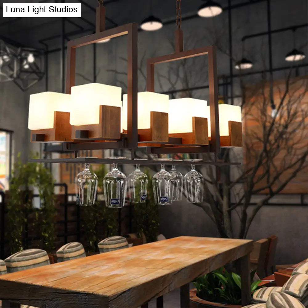 DecorBites™ Rustic White Glass Square Restaurant Island Light with 8 Lights & Bronze Ceiling Mount - with/without Wine Glasses