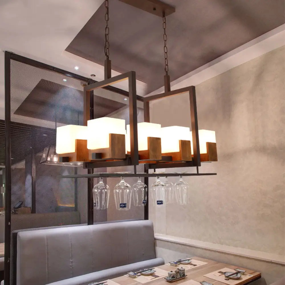 DecorBites™ Rustic White Glass Square Restaurant Island Light with 8 Lights & Bronze Ceiling Mount - with/without Wine Glasses