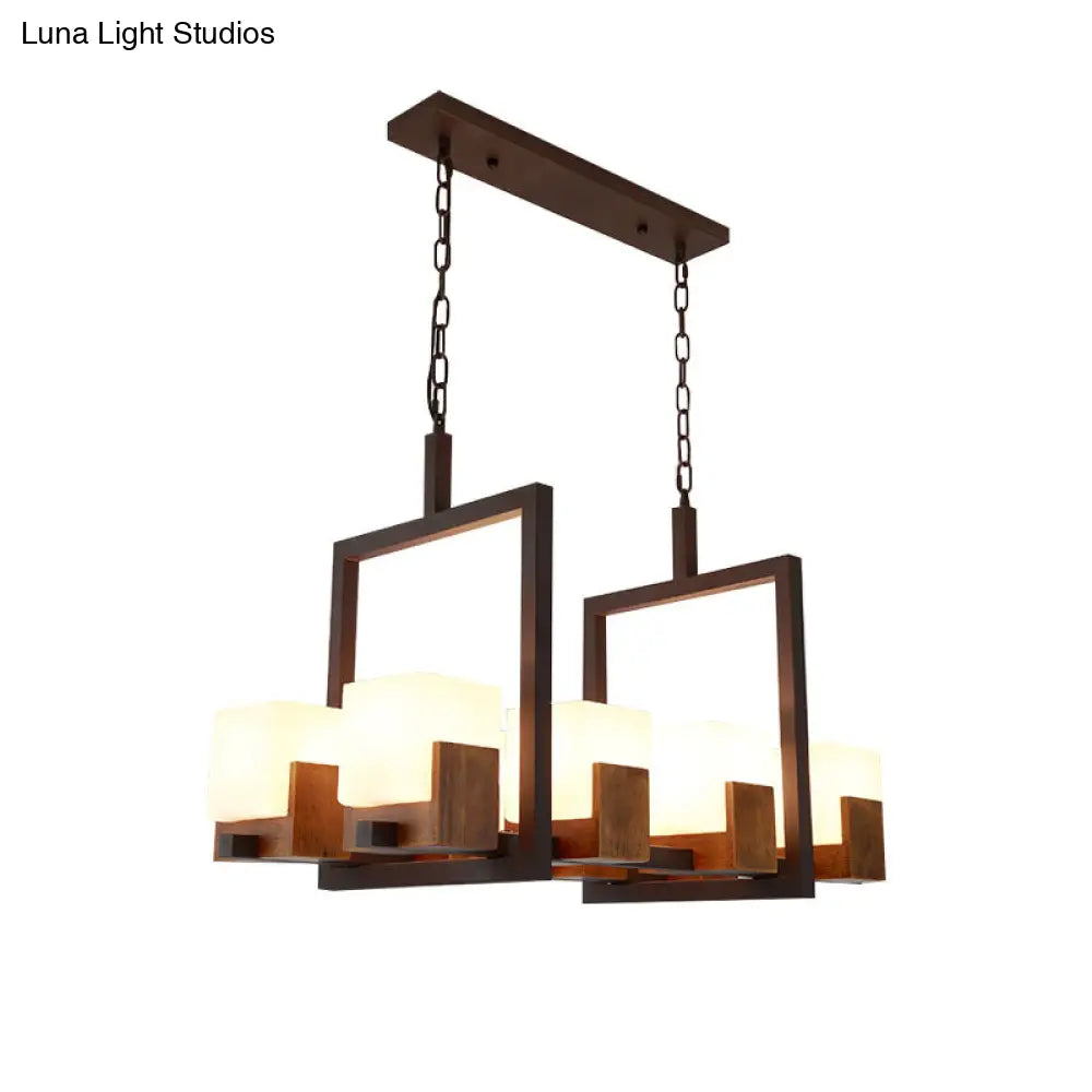 DecorBites™ Rustic White Glass Square Restaurant Island Light with 8 Lights & Bronze Ceiling Mount - with/without Wine Glasses