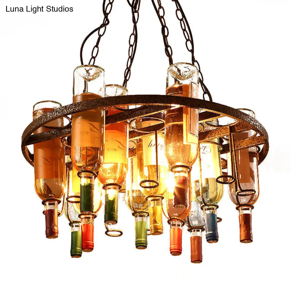 DecorBites™ Rustic Wine Bottle Chandelier: Colorful Glass, 3 Lights, Farmhouse Style for Kitchen Island