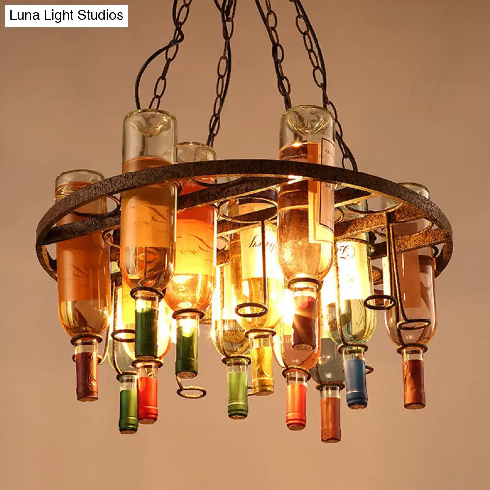 DecorBites™ Rustic Wine Bottle Chandelier: Colorful Glass, 3 Lights, Farmhouse Style for Kitchen Island