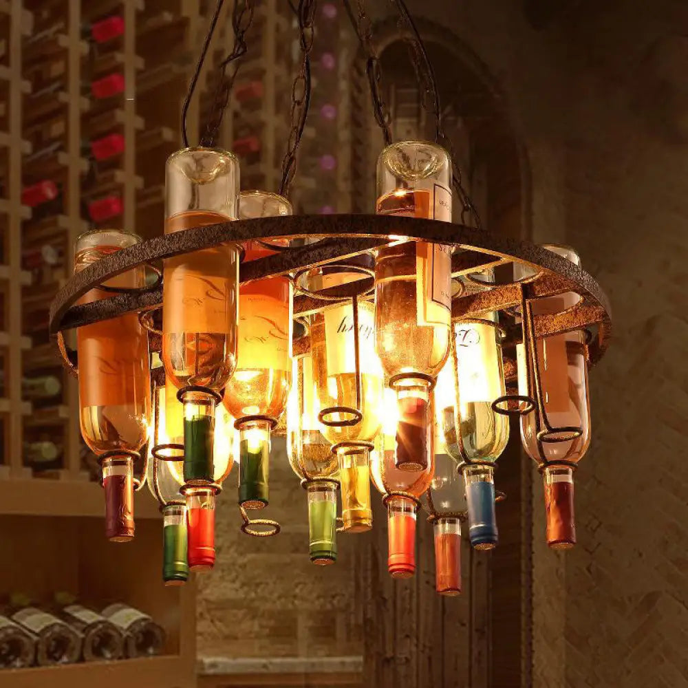 DecorBites™ Rustic Wine Bottle Chandelier: Colorful Glass, 3 Lights, Farmhouse Style for Kitchen Island