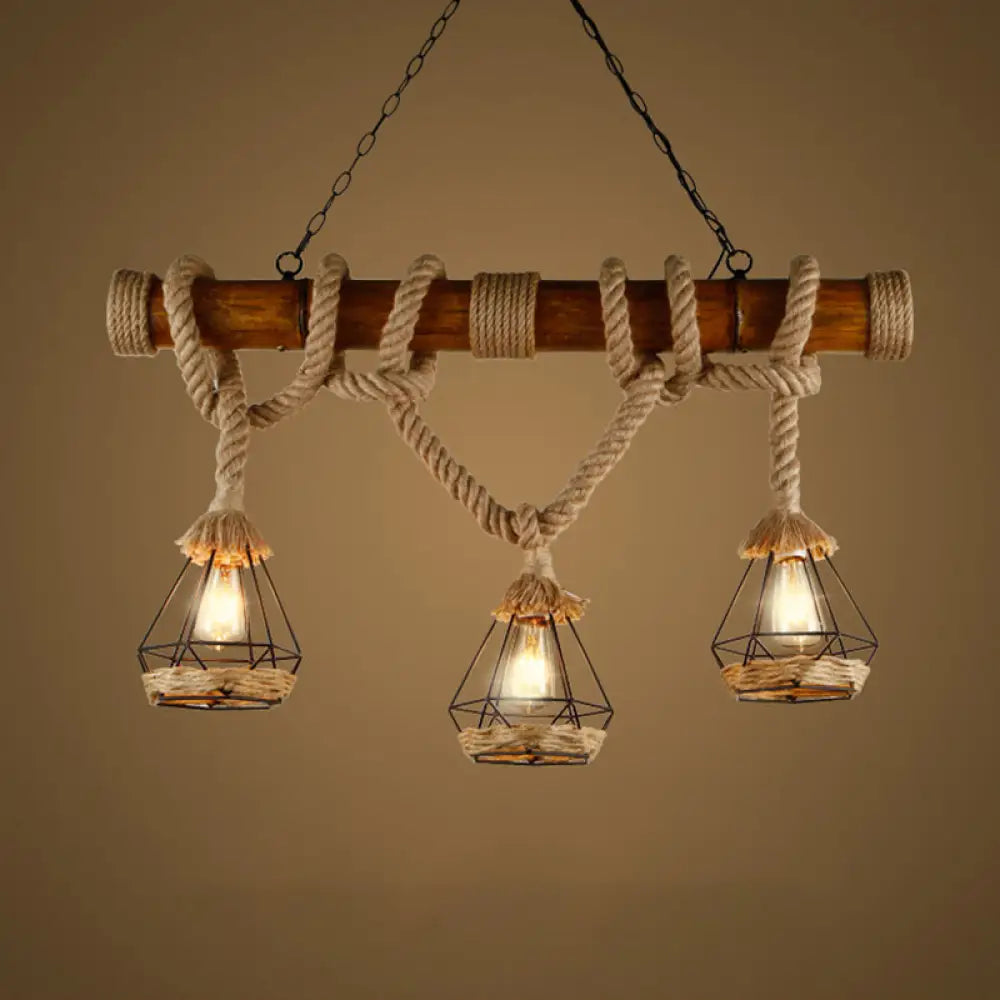DecorBites™ Sophie's Rustic 3-Light Island Pendant with Beige Hemp Rope Shade for Restaurant Suspension Light