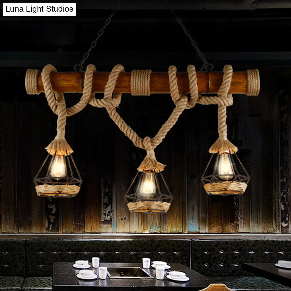 DecorBites™ Sophie's Rustic 3-Light Island Pendant with Beige Hemp Rope Shade for Restaurant Suspension Light
