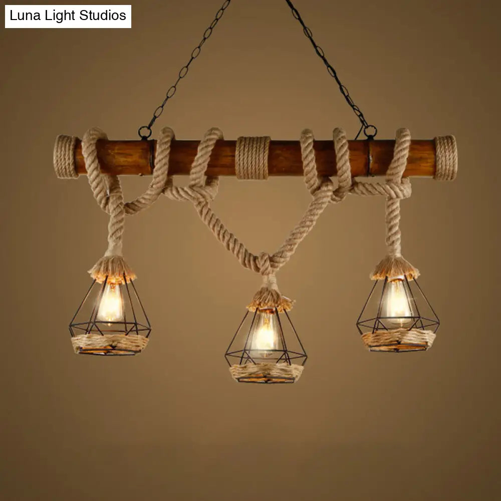 DecorBites™ Sophie's Rustic 3-Light Island Pendant with Beige Hemp Rope Shade for Restaurant Suspension Light