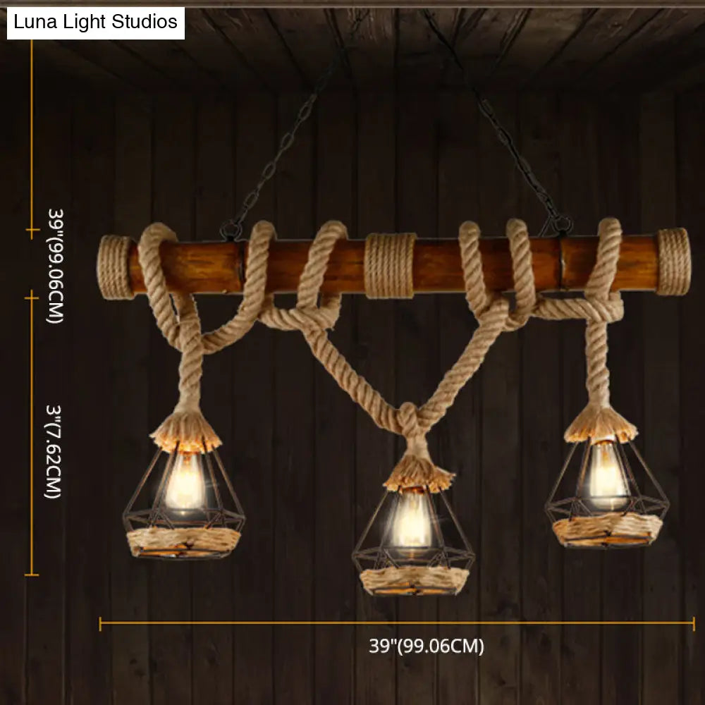 DecorBites™ Sophie's Rustic 3-Light Island Pendant with Beige Hemp Rope Shade for Restaurant Suspension Light