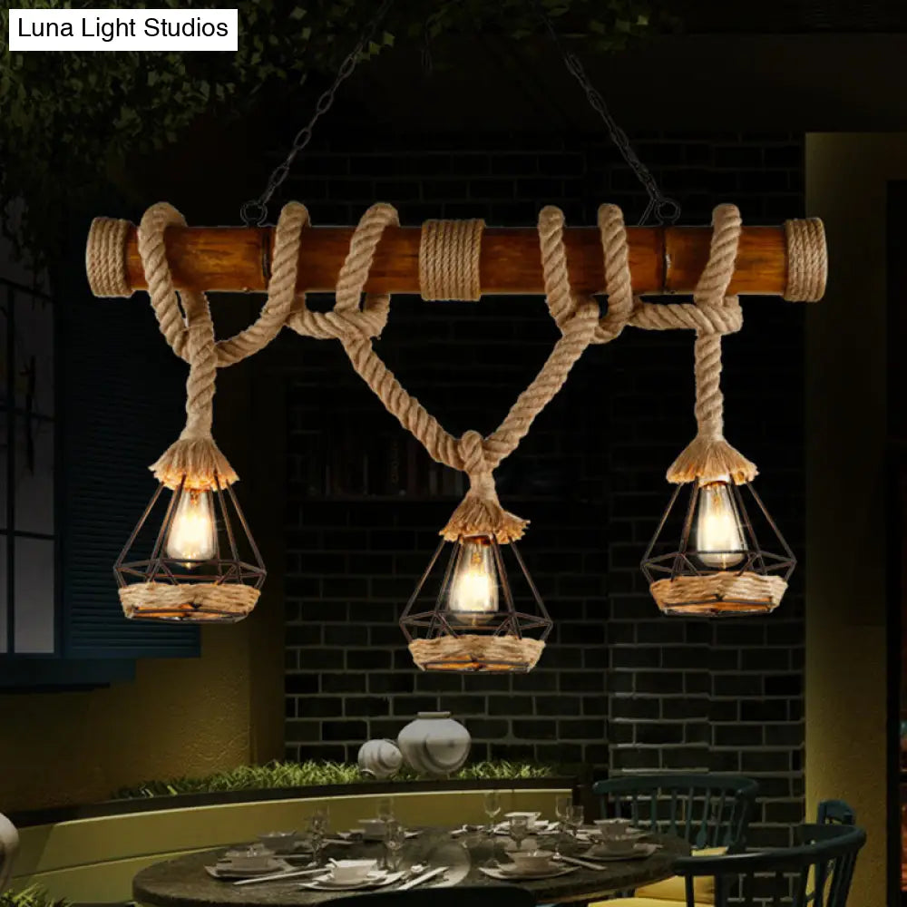 DecorBites™ Sophie's Rustic 3-Light Island Pendant with Beige Hemp Rope Shade for Restaurant Suspension Light