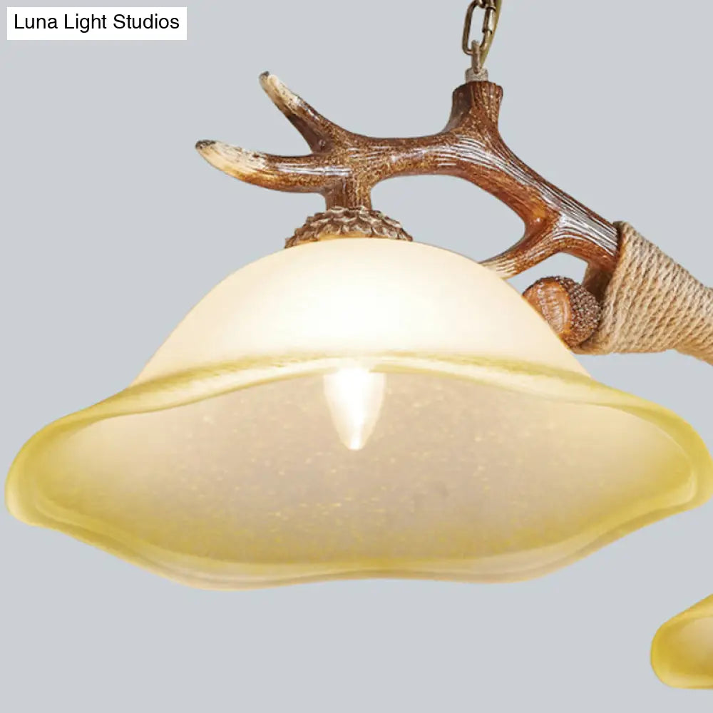 DecorBites™ Traditional Bell Ceiling Lamp: 2-Bulb Bedroom Island Light Fixture with Antler Arm in Flaxen Fabric