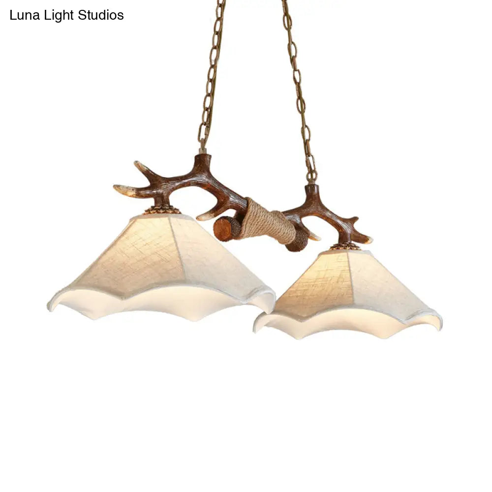 DecorBites™ Traditional Bell Ceiling Lamp: 2-Bulb Bedroom Island Light Fixture with Antler Arm in Flaxen Fabric